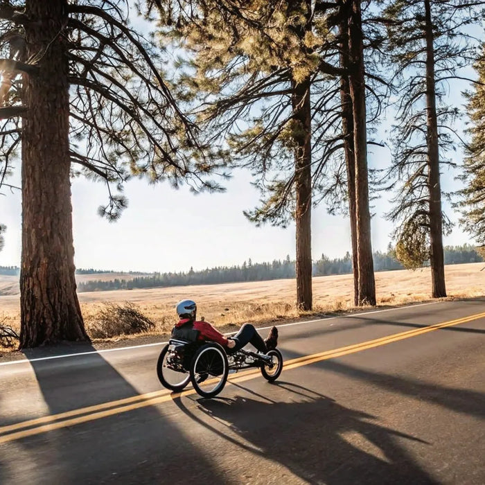 A person comfortably riding a 2-wheel electric recumbent bike on a scenic road.