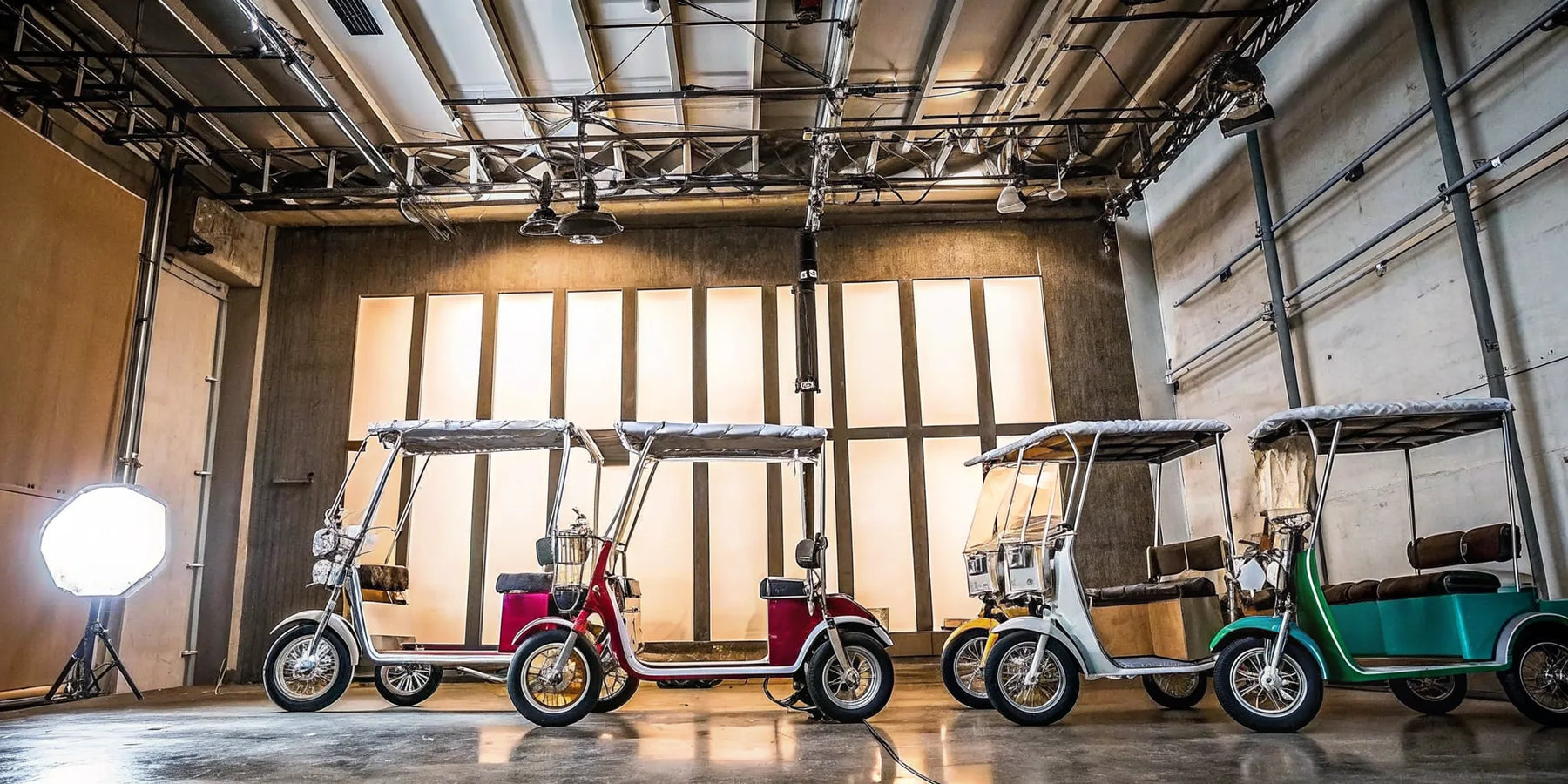 Four colorful e-trikes for sale displaying a variety of styles.