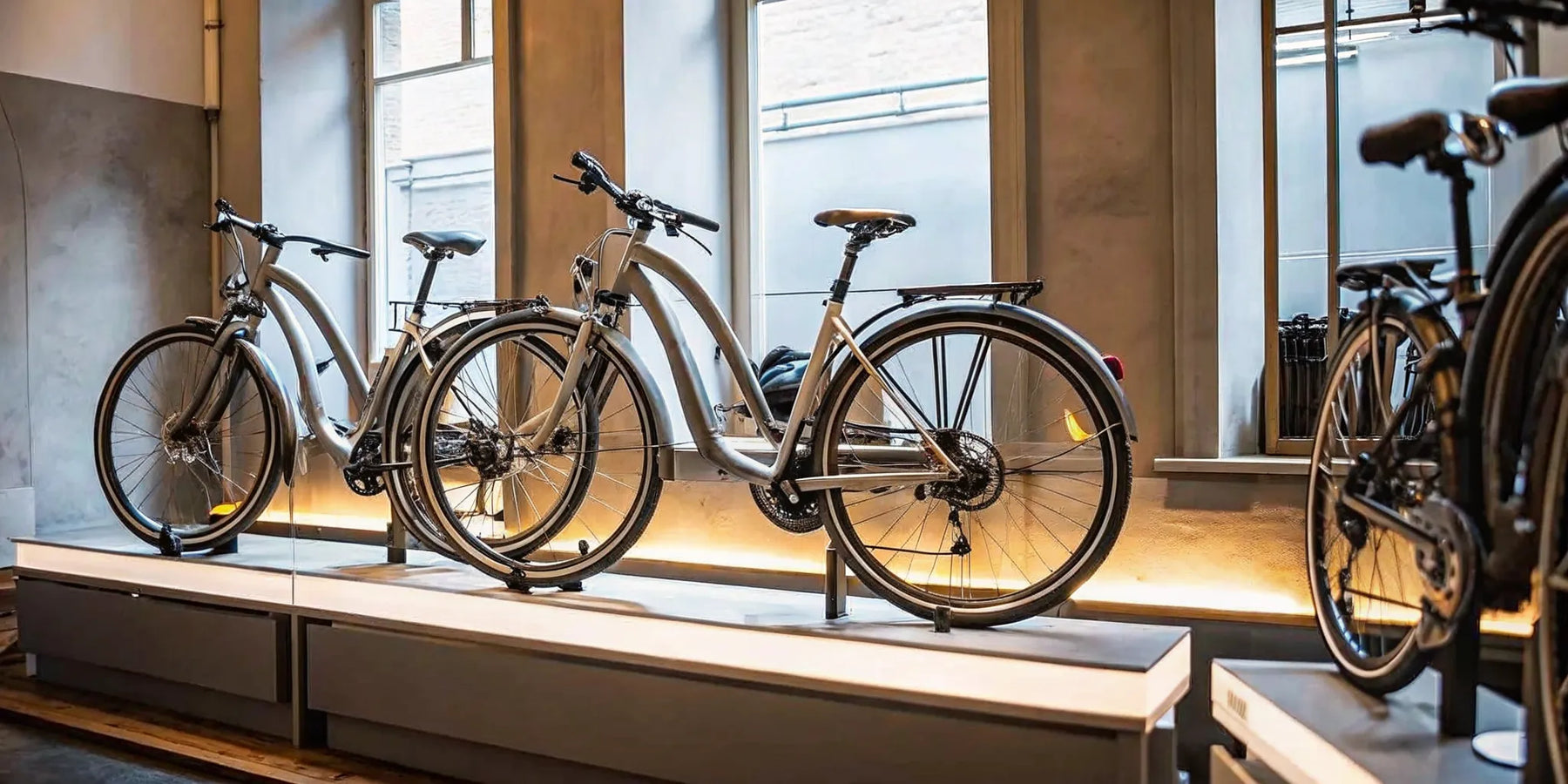 A row of long range electric bikes for adults.