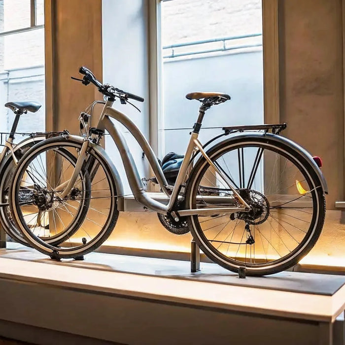 A row of long range electric bikes for adults.