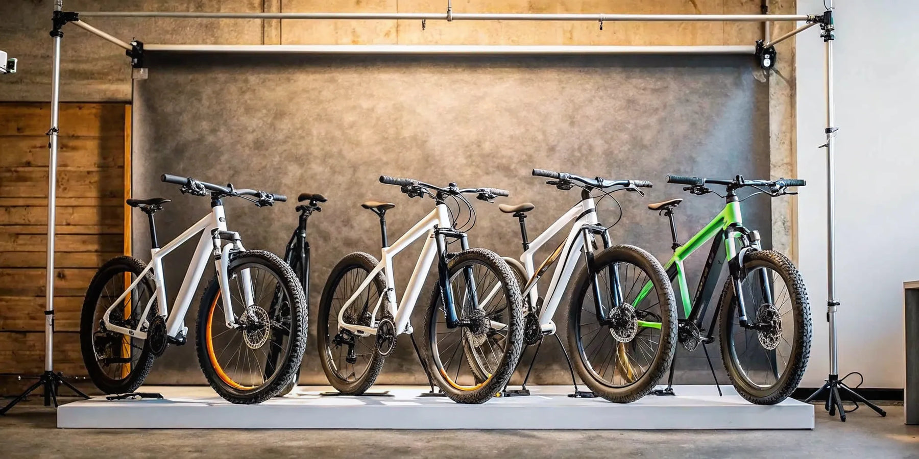 Multiple high powered electric bikes for sale on display.