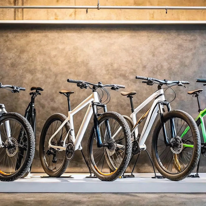Multiple high powered electric bikes for sale on display.