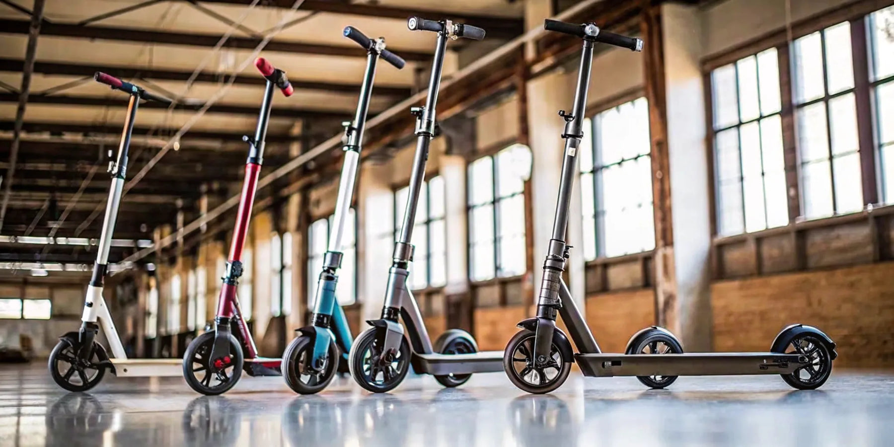 A row of adult electric scooters capable of reaching 25 mph.