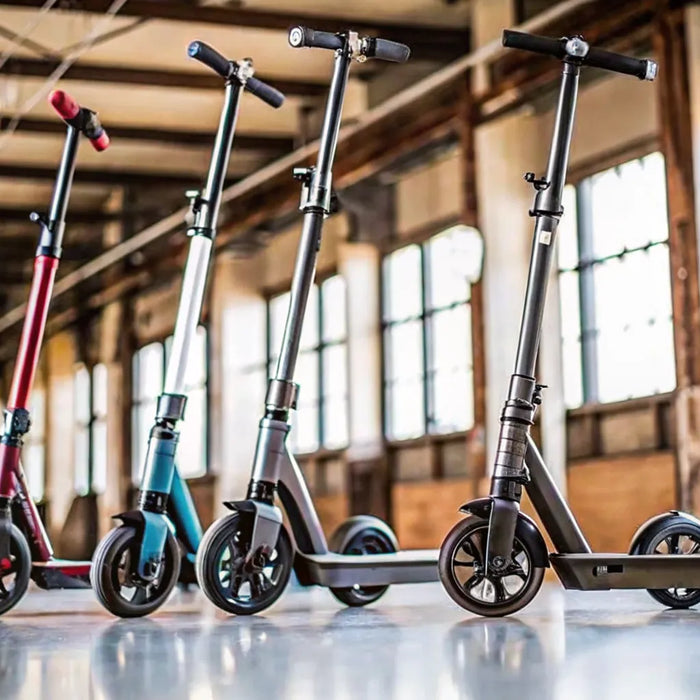 A row of adult electric scooters capable of reaching 25 mph.