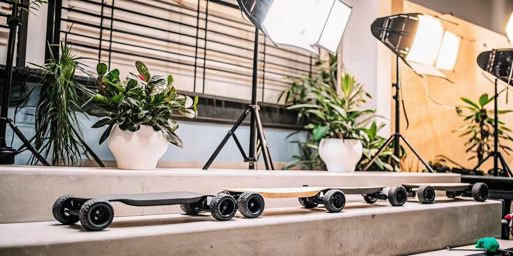 Five of the best all-terrain electric skateboards lined up on steps.