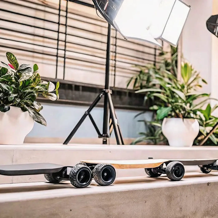 Five of the best all-terrain electric skateboards lined up on steps.