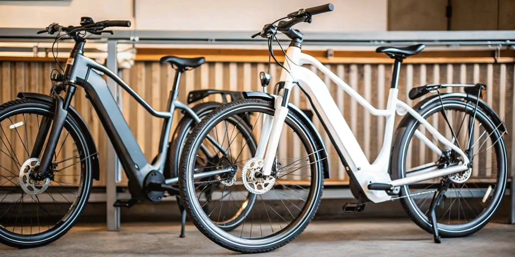 A black and a white electric commuter bike parked side by side.