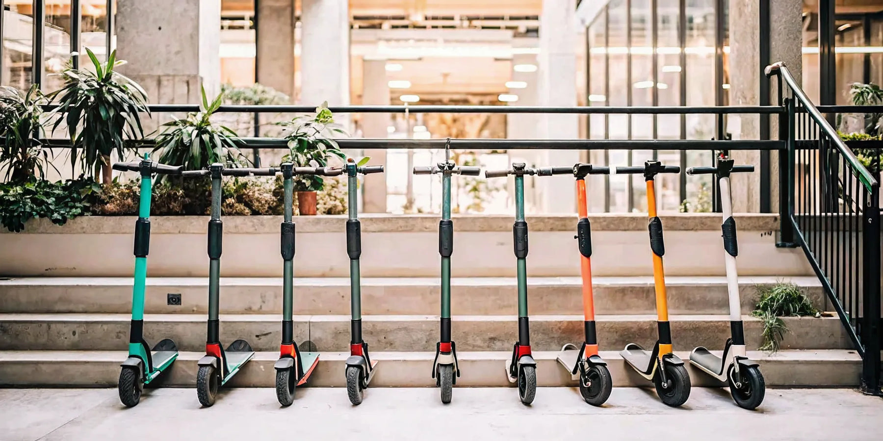 Several of the best electric scooters for teens parked in a row for comparison.