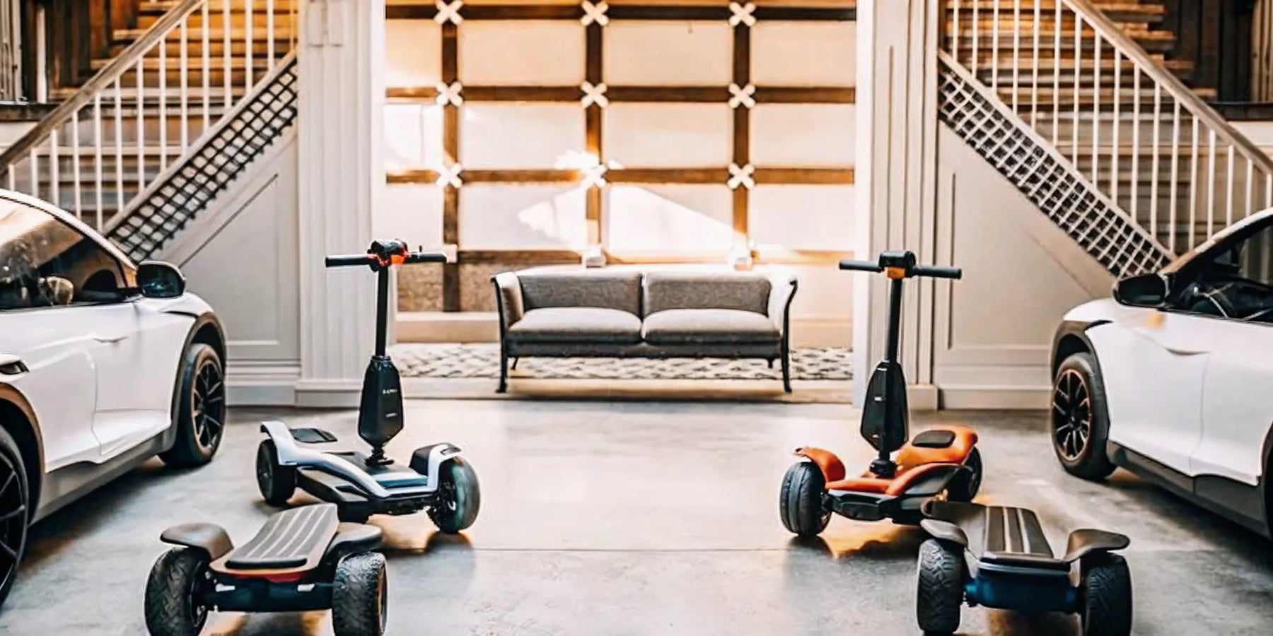 Various models of electric skateboards for sale lined up in a showroom.