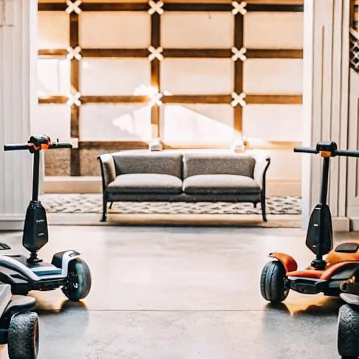 Various models of electric skateboards for sale lined up in a showroom.