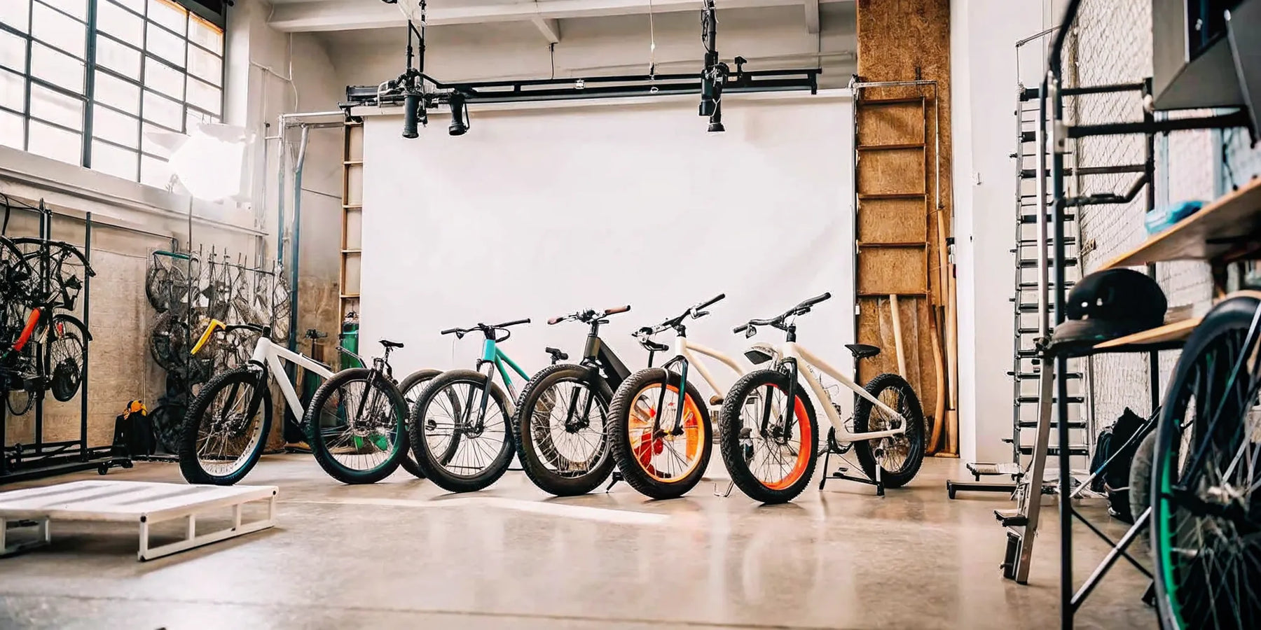 A lineup of the best fat tire ebikes for adults with sturdy frames in a showroom.