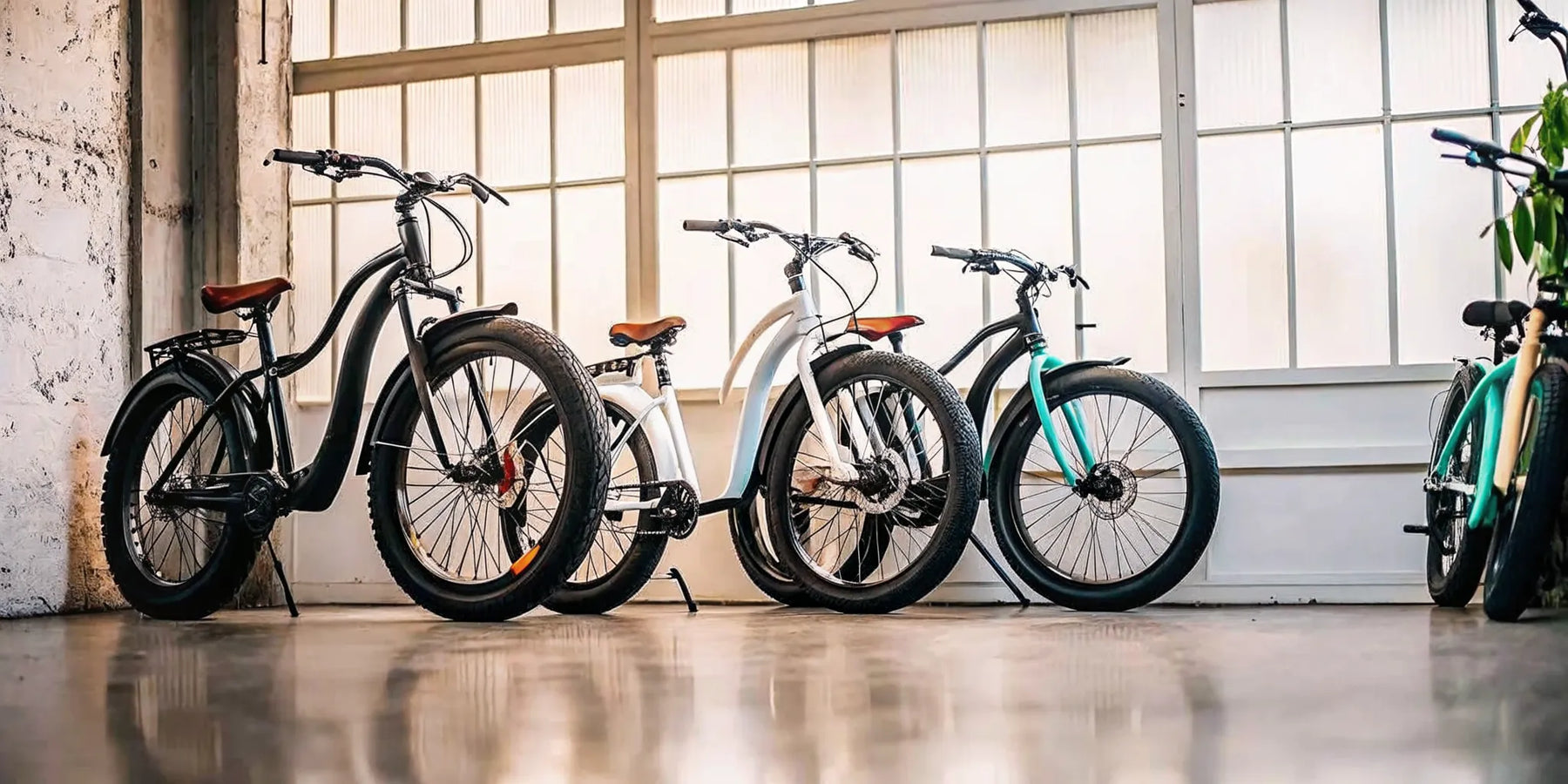 A row of different fat tire ebikes for sale in a showroom.