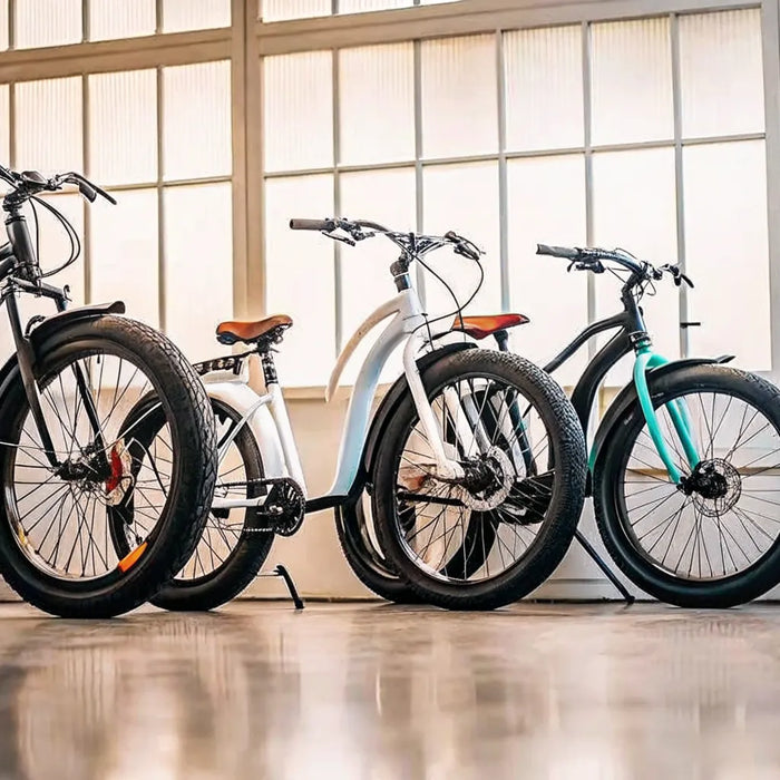 A row of different fat tire ebikes for sale in a showroom.