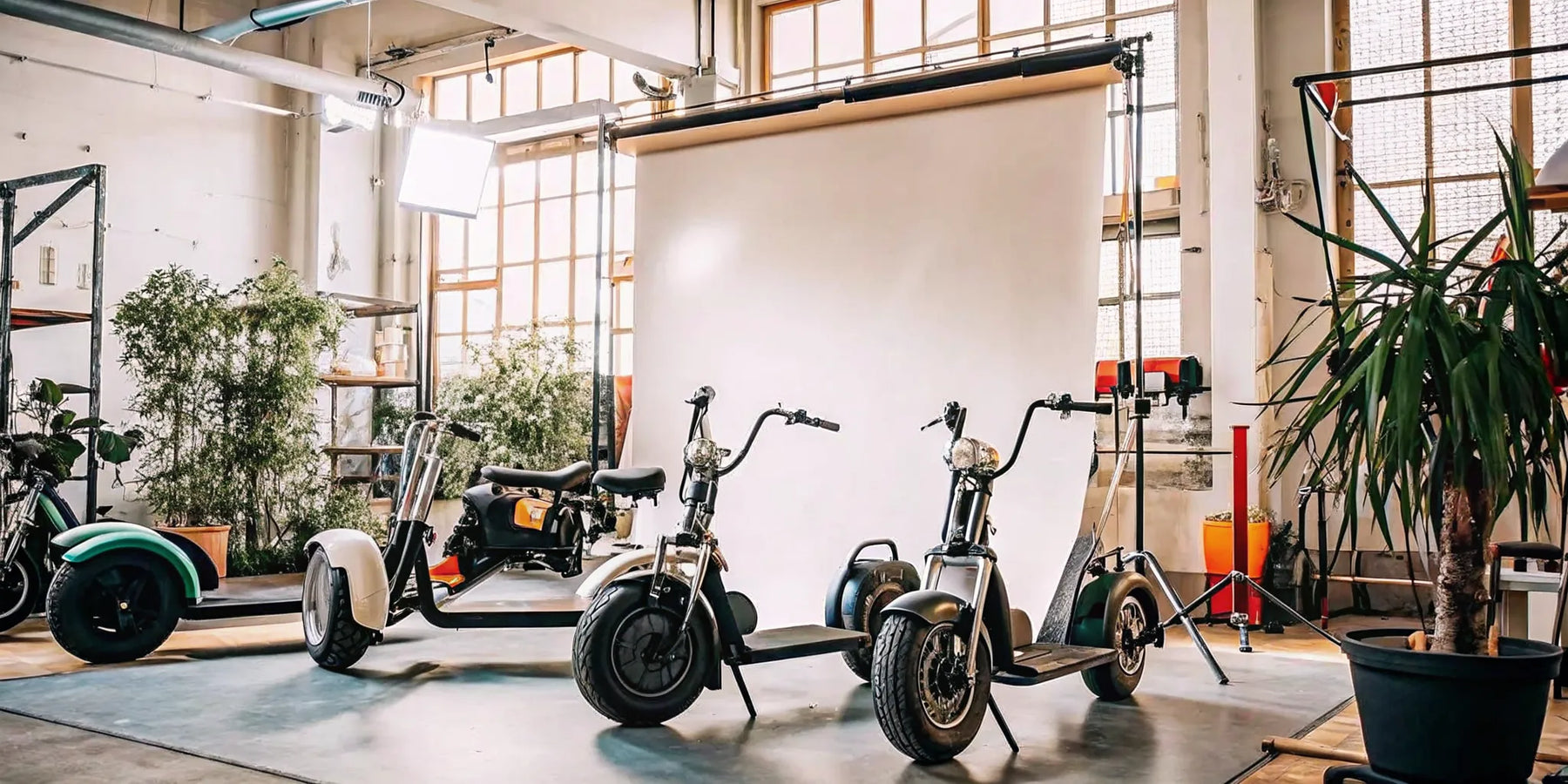 Fat tire electric trikes for adults on display in a modern showroom.