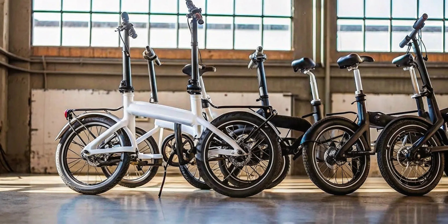 A row of compact foldable electric bikes for adults, ideal for city commuting and easy storage.