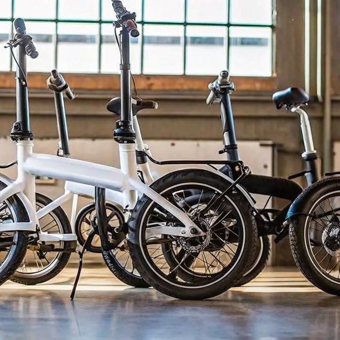 A row of compact foldable electric bikes for adults, ideal for city commuting and easy storage.