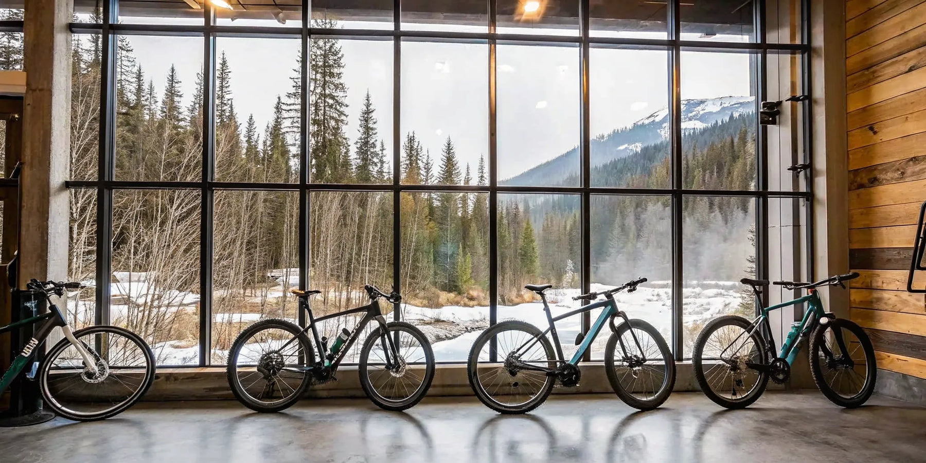 A lineup of torque sensing e-bikes in an Oregon showroom with a mountain view.