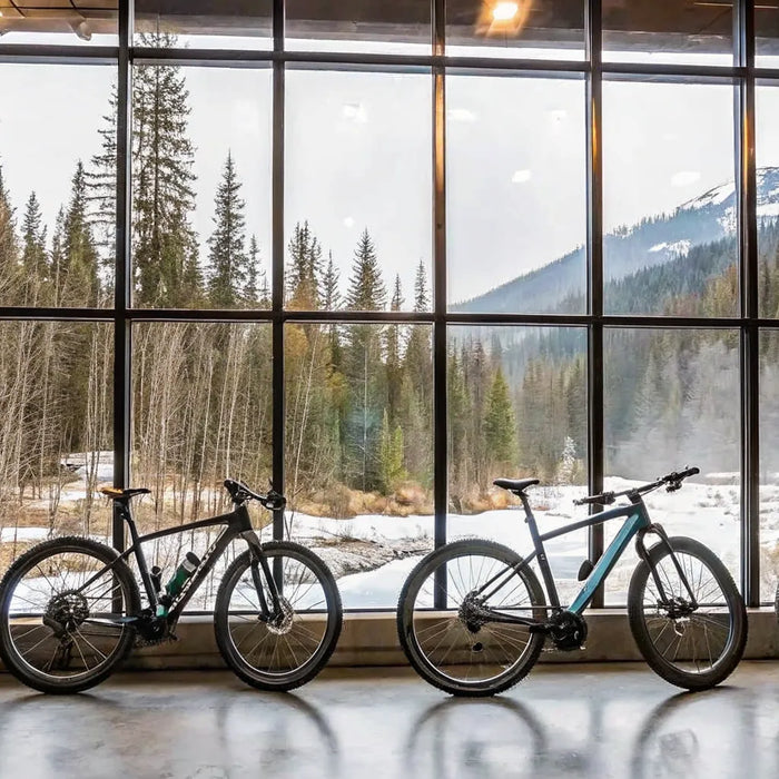A lineup of torque sensing e-bikes in an Oregon showroom with a mountain view.