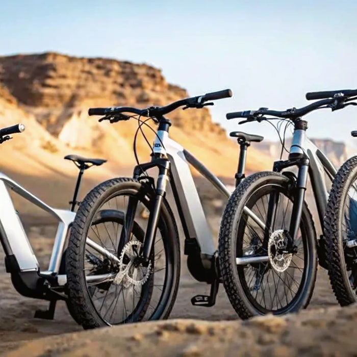 A lineup of top off road ebike models on a rugged mountain trail.