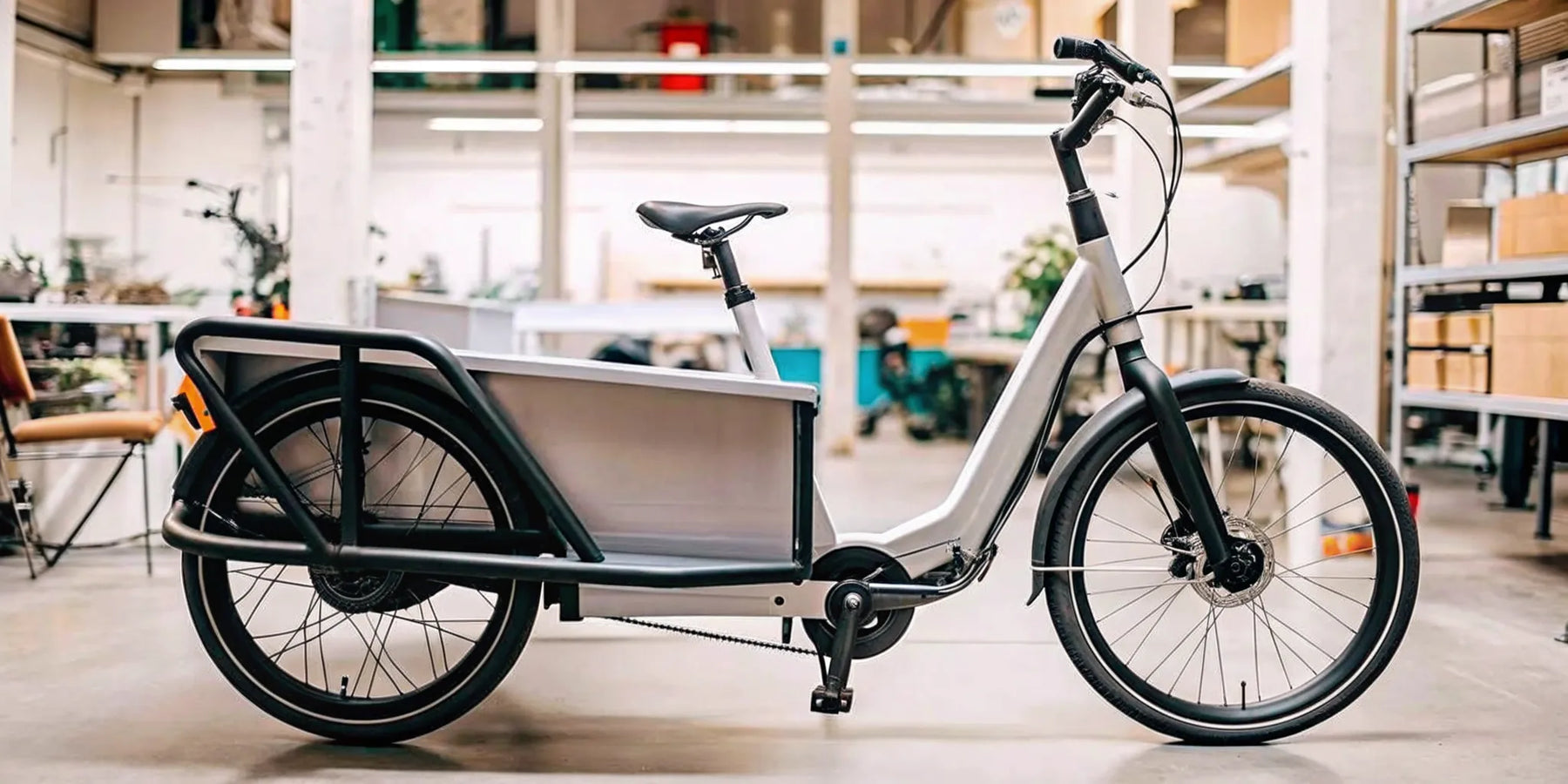 A front-loading electric cargo bike with a large bin, designed for hauling heavy items.