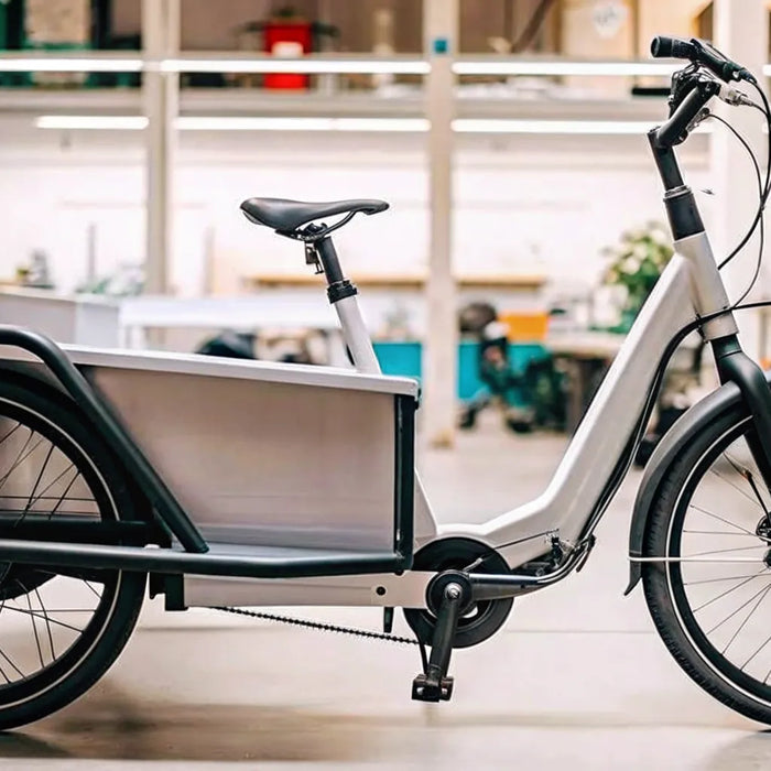 A front-loading electric cargo bike with a large bin, designed for hauling heavy items.