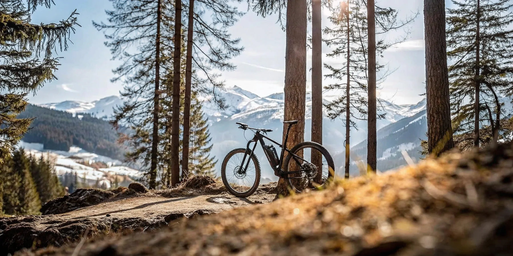 An electric mountain bike on a scenic mountain trail.