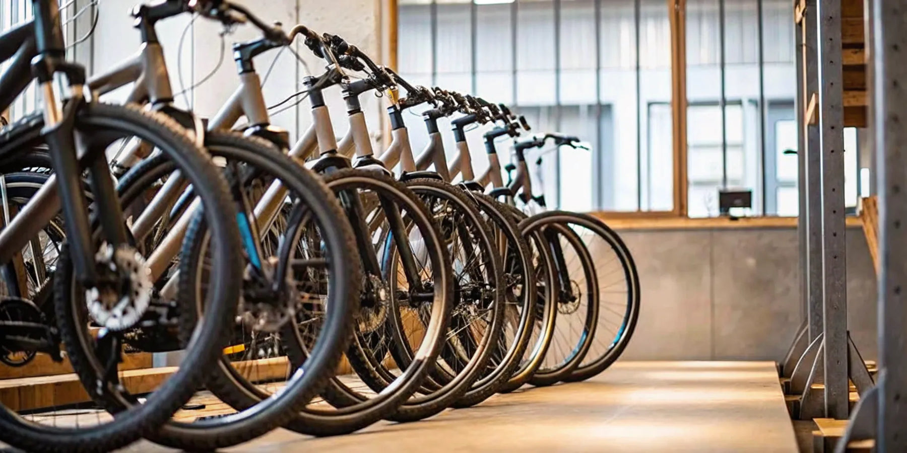 A row of the best full suspension e-bikes under $2000 in a bike shop.