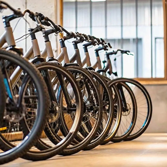 A row of the best full suspension e-bikes under $2000 in a bike shop.