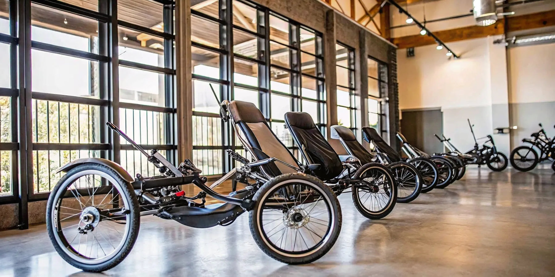 A row of recumbent e-bikes being compared for comfort in a product review.