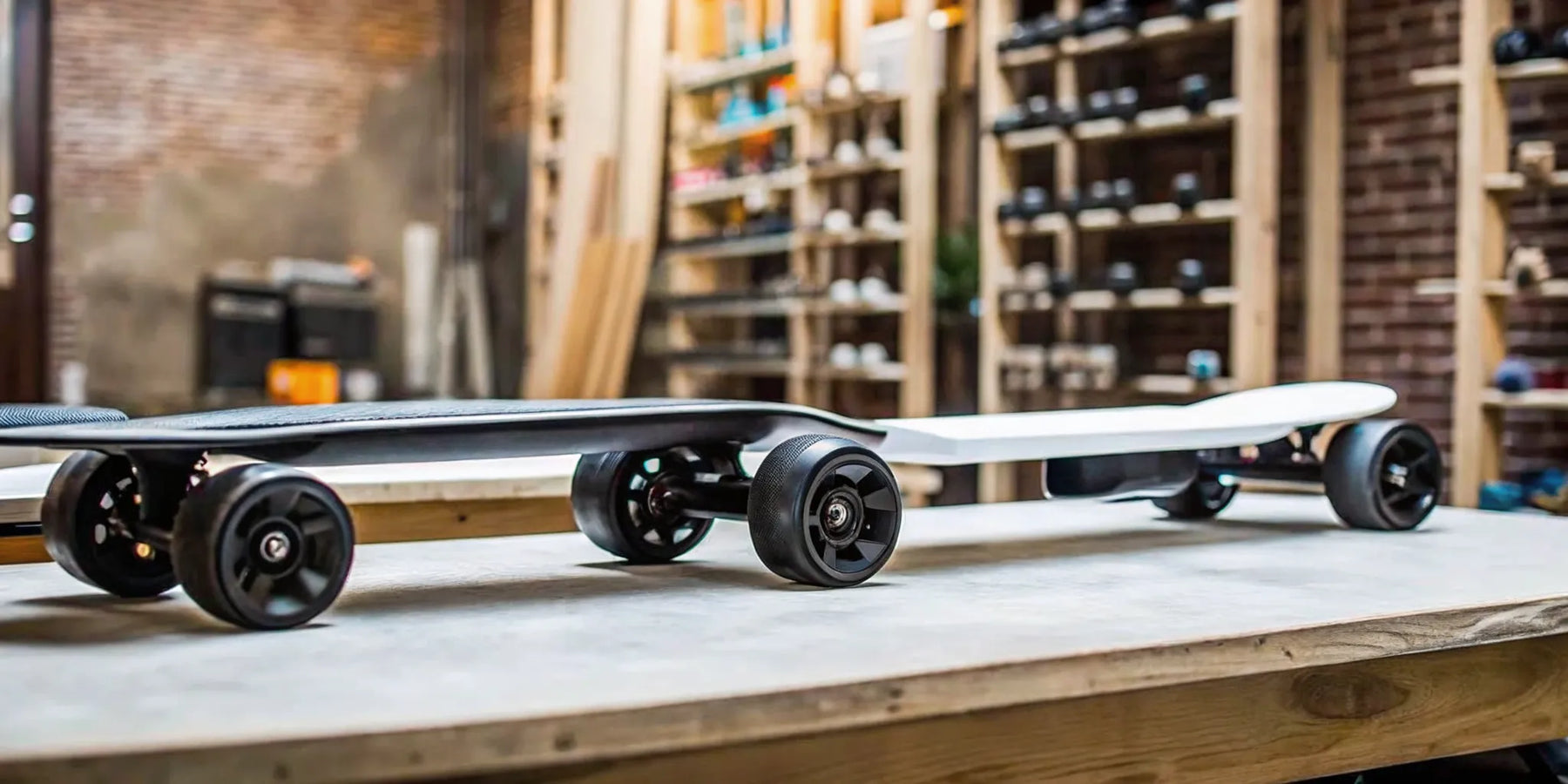 One of the best budget electric skateboards on a wooden workbench.