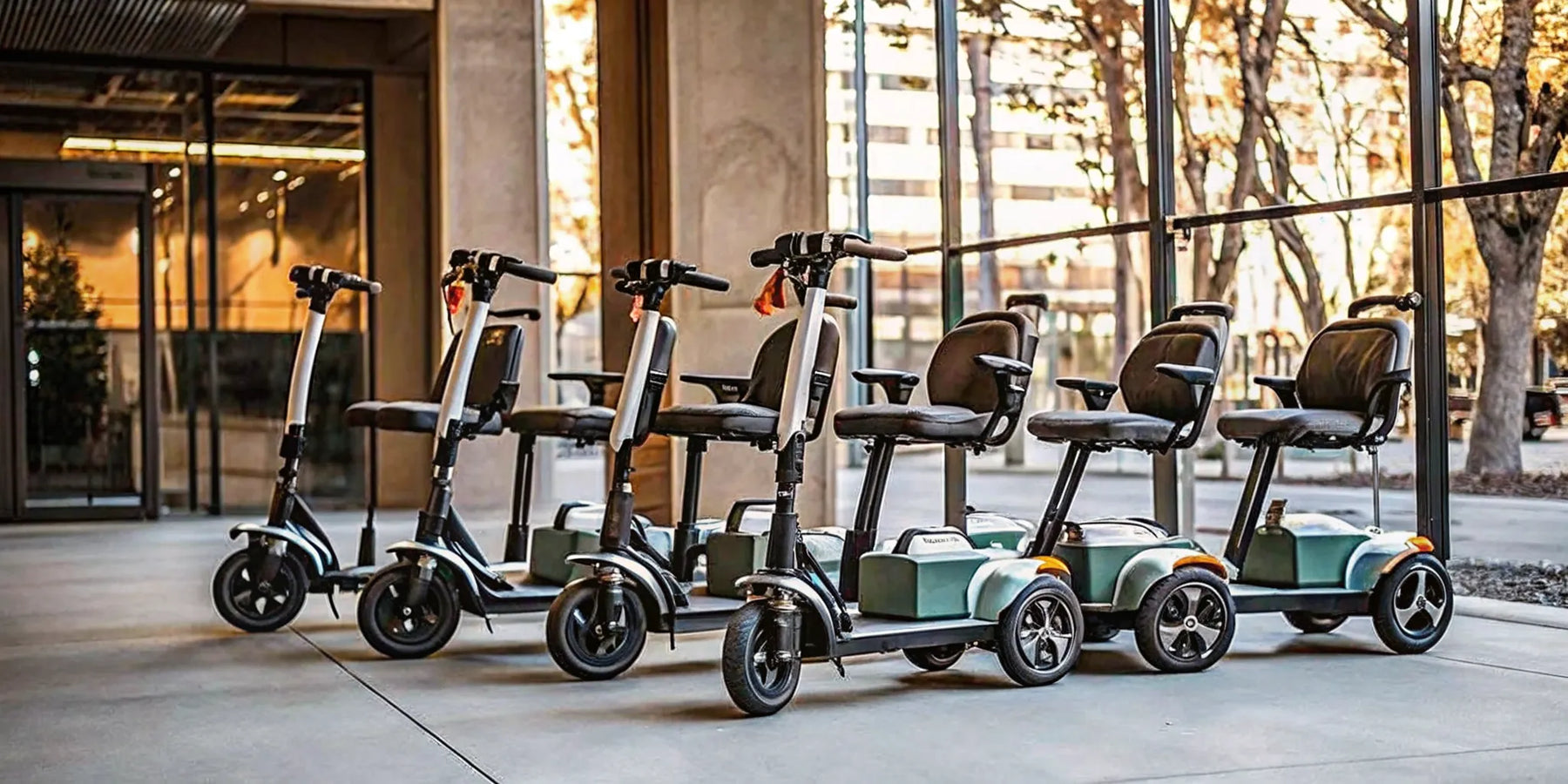 Commuter electric scooters for adults with seats parked in a row.