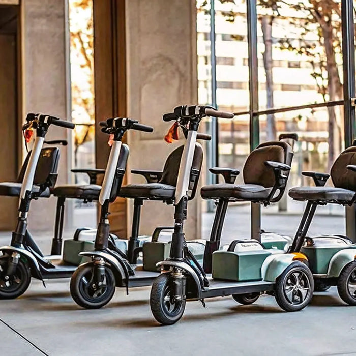 Commuter electric scooters for adults with seats parked in a row.