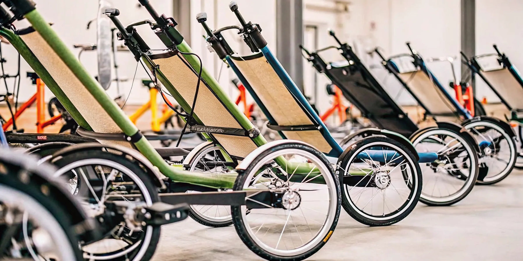 A row of the best electric recumbent trikes for seniors in a showroom.
