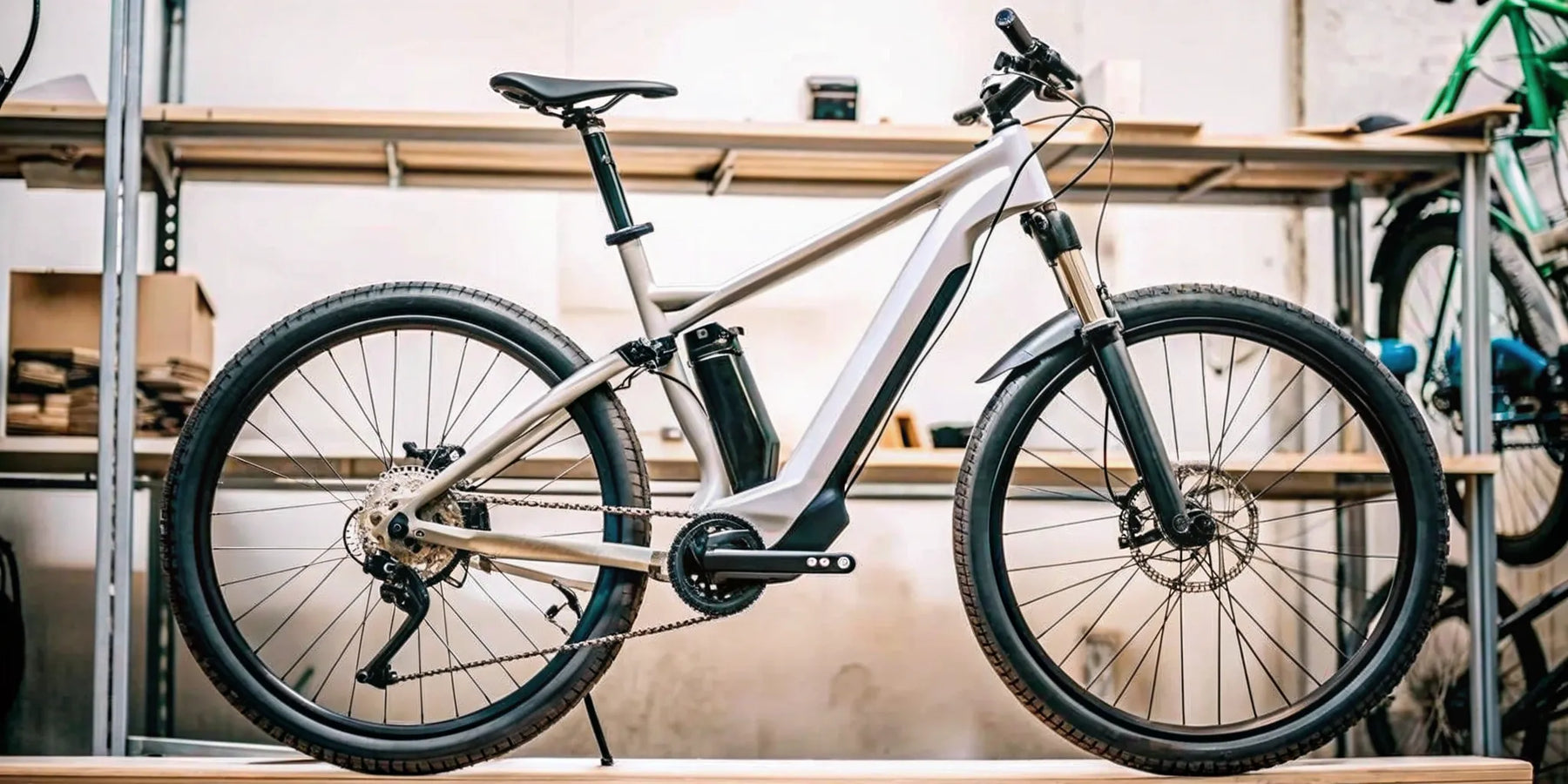 A sleek, full suspension electric mountain bike with high-end components.