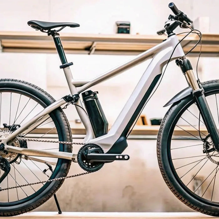 A sleek, full suspension electric mountain bike with high-end components.