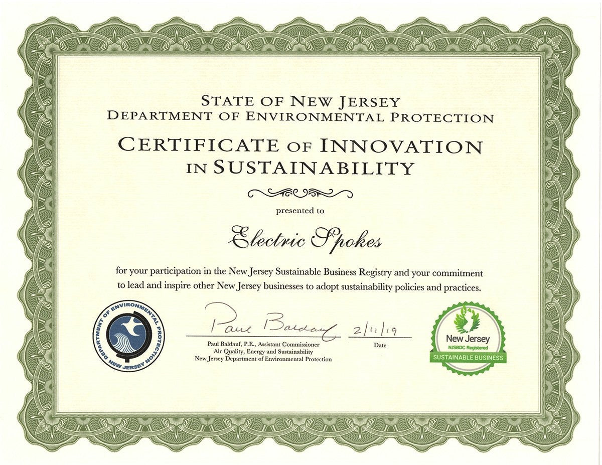 Voltaire Cycles receives Recognition from NJ's Department of Environmental Protection