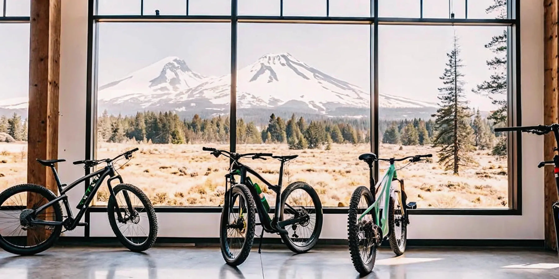 Electric mountain bikes for sale in a Bend, Oregon shop with mountain views.