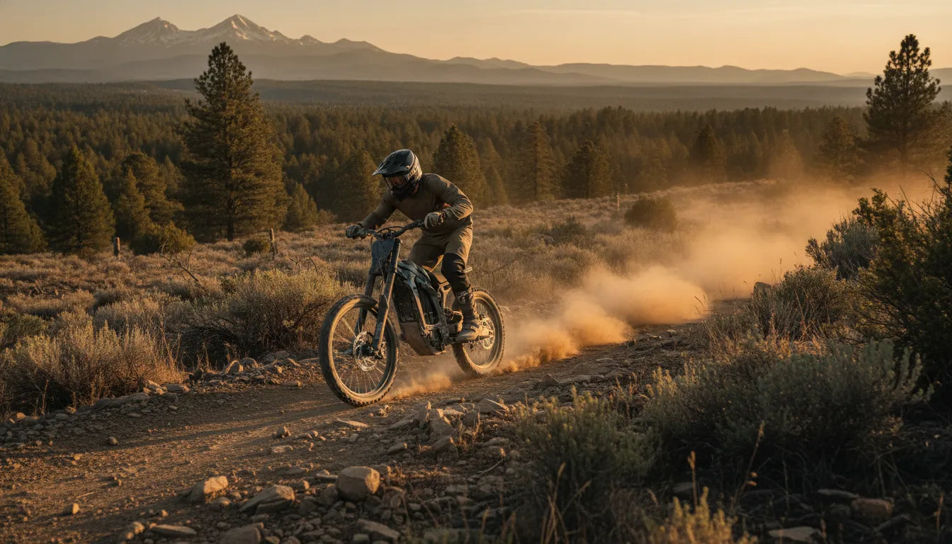 Rider on a high-torque electric dirt bike climbing a steep Central Oregon trail