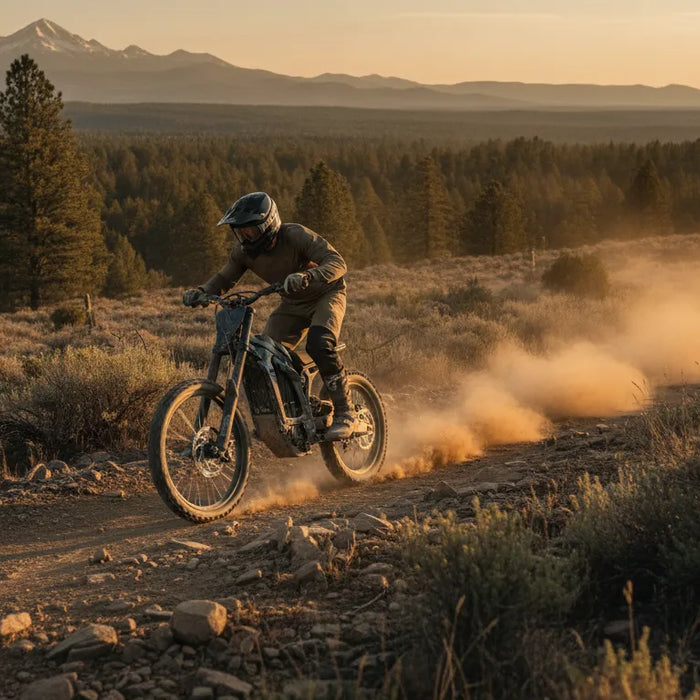 Rider on a high-torque electric dirt bike climbing a steep Central Oregon trail