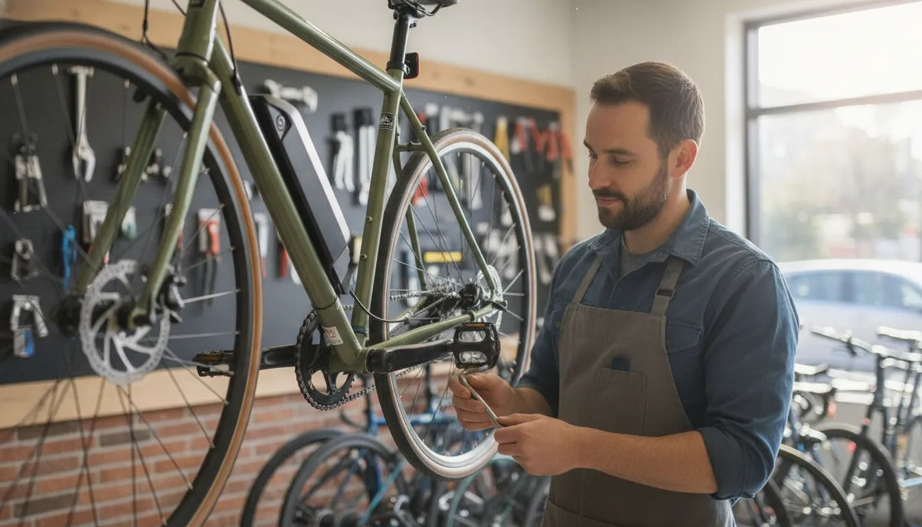 Certified mechanic servicing the torque sensor area of an electric bike in a Bend, Oregon bike shop