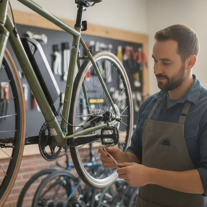 Certified mechanic servicing the torque sensor area of an electric bike in a Bend, Oregon bike shop