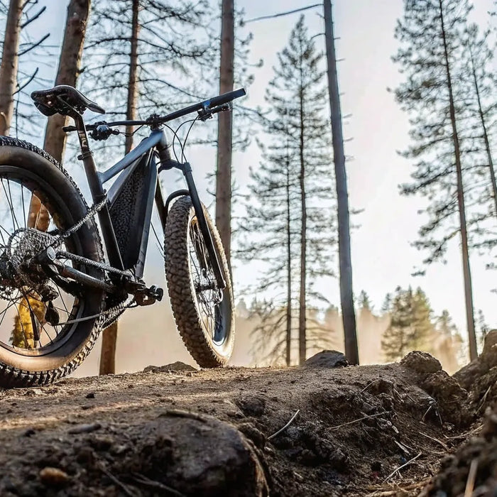 Apex 1000w full suspension fat tire ebike on a rugged forest trail.
