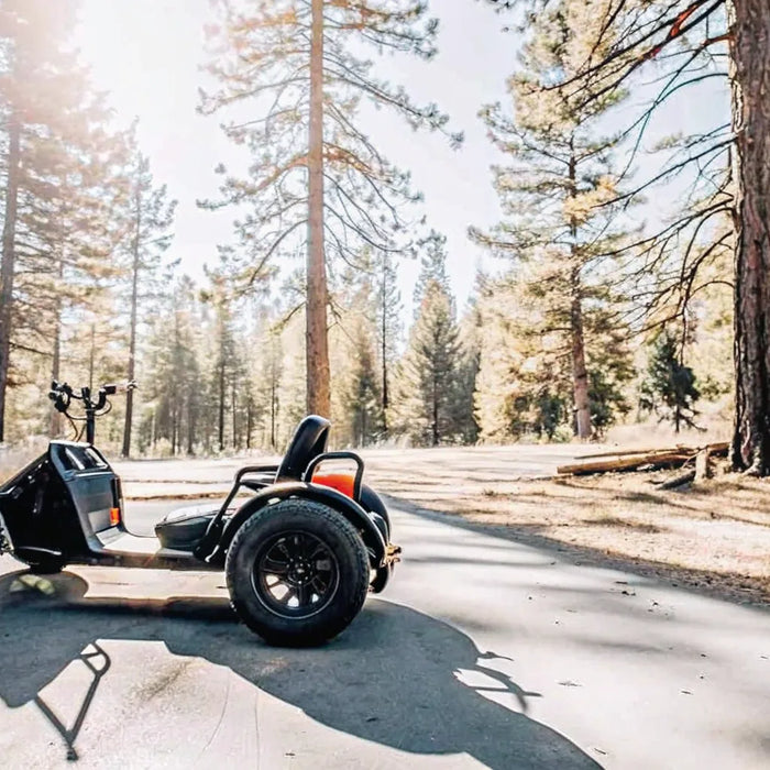 A 2 seater tricycle for adults on a scenic forest path.