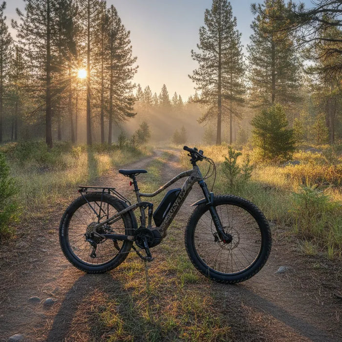 Rugged electric hunting bike on a Central Oregon forest trail