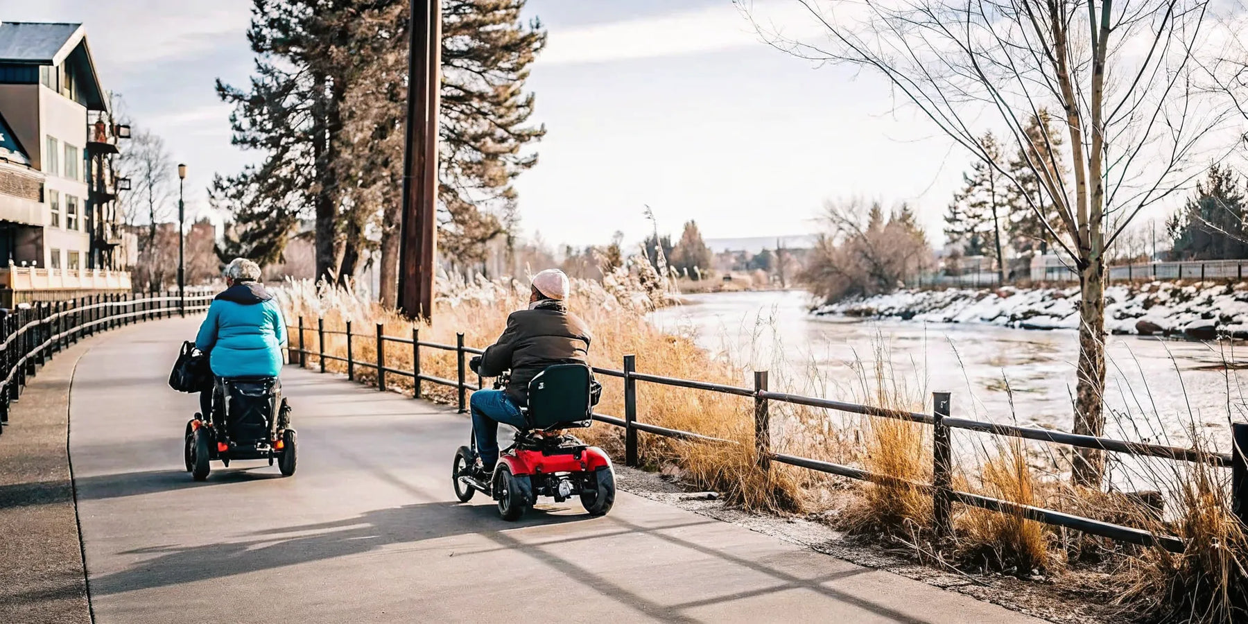 Seniors riding electric tricycles on a scenic path in Bend, Oregon.