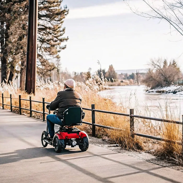 Seniors riding electric tricycles on a scenic path in Bend, Oregon.