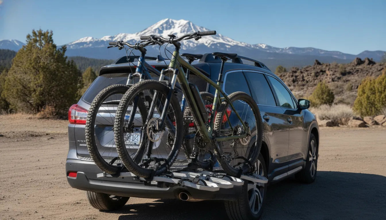 Two electric bikes secured on a hitch platform carrier behind an SUV