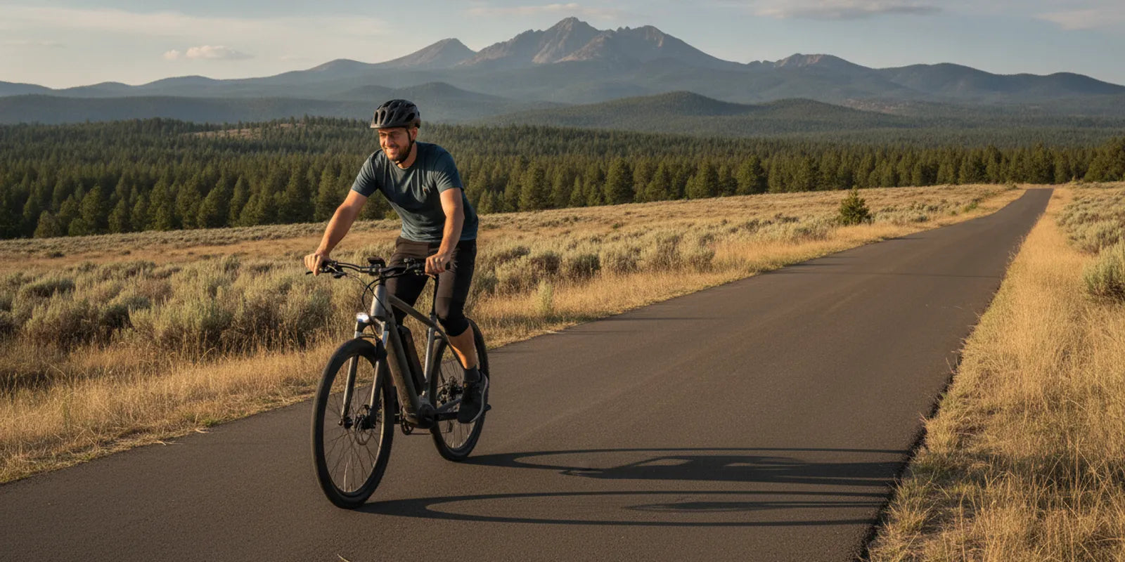 Rider testing a torque-sensing electric bike on a Central Oregon path