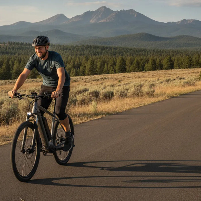 Rider testing a torque-sensing electric bike on a Central Oregon path