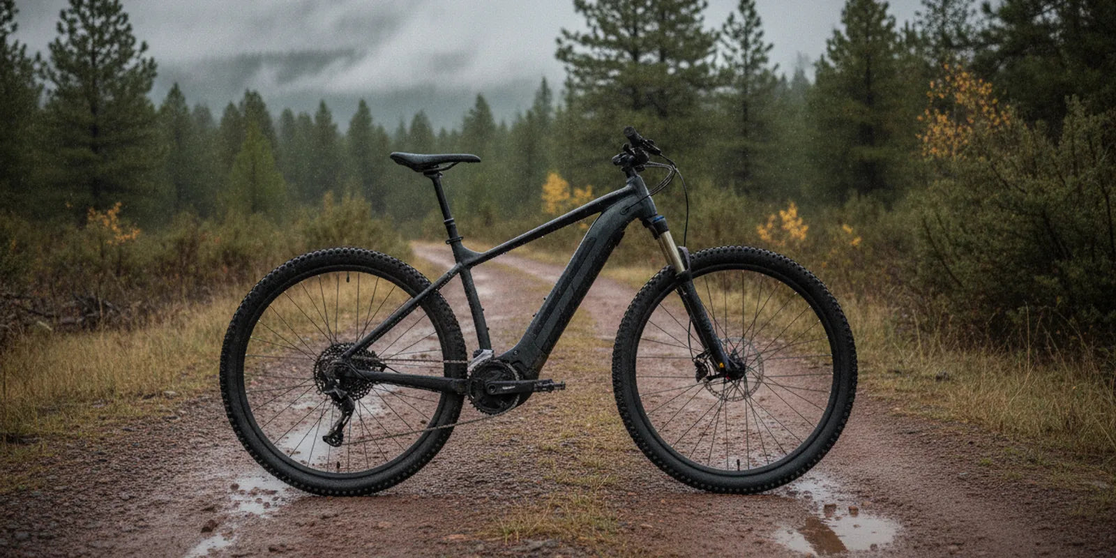 Electric bike parked beside a wet trail after a light rain
